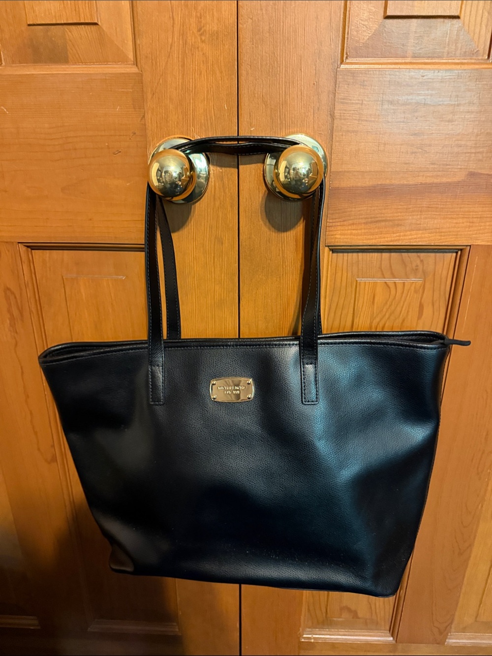 Michael Kors Black Leather Tote with Gold Plaque